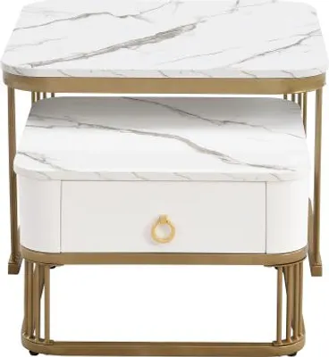 Produktbild von Set 60x60x42,5 + 50x50x34 cm Esstisch Stapelbarer Beistelltisch Wohnzimmertisch Couchtisch Goldene Beistelltisch Schubladen Zweiteiliges Weiss