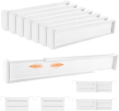Obrázek produktu pro Uniqoos® Sada 8 kusů plastových děliček do zásuvek, nastavitelných, rozměry 32–56 cm, s koncovkami z pěny EVA – montáž bez použití nástrojů, vhodné do kuchyně, ložnice a kanceláře