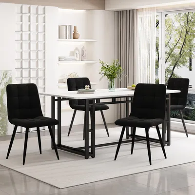 Image de Sweiko 140x80cm Noir Table de salle à manger avec 4 chaises Set,Cuisine moderne Set de table de salle à manger, chaises de salle à manger en velours noir, table de jambe en fer noir