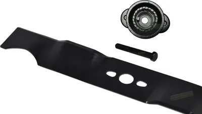 A lawnmower blade, a bolt, and a blade holder are arranged on a white background.