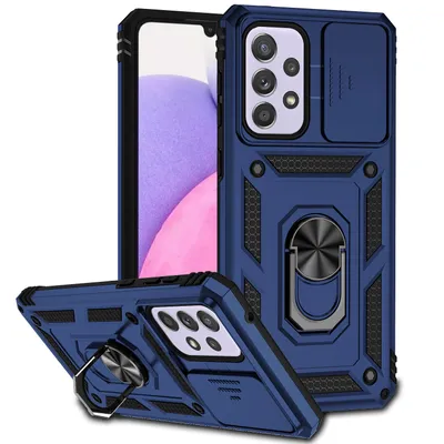 Immagine prodotto di Custodia per Samsung Galaxy A33 5G a doppio strato con copertura fotocamera scorrevole e supporto ad anello blu