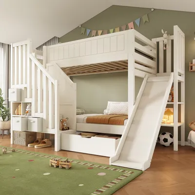 Produktbild von MODFU Etagenbett 90x200 Kinderbett mit Rutsche Leiterschrank 6 Fächer 3 Stoffschubladen,Doppelbett mit Rollschubladen und Regal,Kinderzimmer,mit zwei Matratze,Weiß