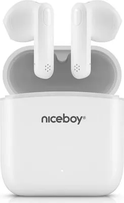 A pair of white wireless earbuds in their charging case.