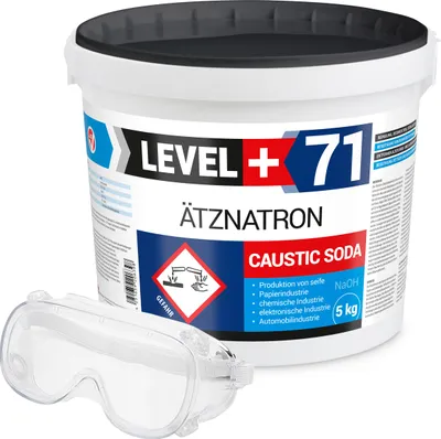 Produktbild von Ätznatron Entfetter Rohrreiniger Perlen Caustic Soda Eimer 5kg Seifenindustrie + Schutzbrille Arbeitsschutz Set RM71
