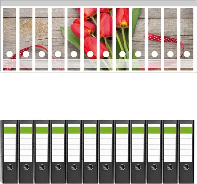Produktbild von Wallario 12 Stück breite Ordner inkl. Klebeetiketten mit Motive Rote Tulpen auf einem alten Holztisch -  Set mit Rückenschildern / Ordnerrücken Stickern