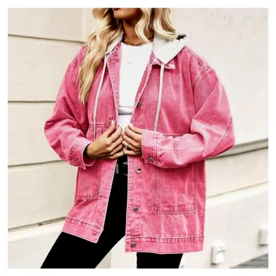 Produktbild von Oversize Jeansjacke für Damen, gefüttert mit Kapuze, kurze Denimjacke für den Winter, große Größen, Hoodie mit Knöpfen und Taschen, leichte Sportjacke