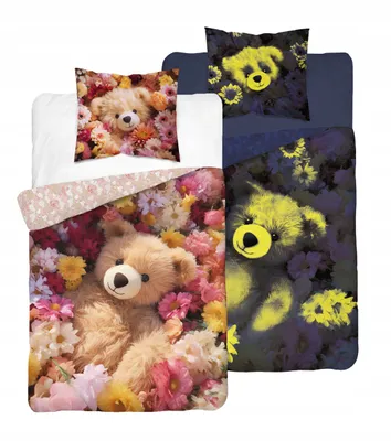 Two bedding sets featuring teddy bears and flowers, one in bright colors and the other in darker, glowing tones.