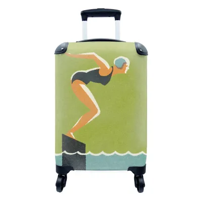 Produktbild von MuchoWow® Koffer Handgepäck Trolley Rollkoffer Kleine Reisekoffer mit 4 Rollen - Eine Illustration einer Frau, die von einem Balken springt, um zu schwimmen - Cabin Size < 55x40x23 cm & 55x40x20 cm - Fotokoffer - Kabinenkoffer - Boardgepäck - Reise-Box - Reisekoffer - Reisegepäck - Koffer mit Bild - Trolley für Kinder
