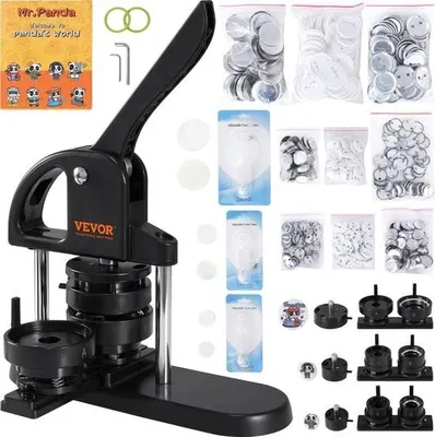 Produktbild von VEVOR 3-in-1-Buttonmaker, 25/32/58 mm Stanzformen, 100 Dosenhülsen und transparente Folien für jede Größe, arbeitssparender Griff, Kunststoff und ABS, Schwarz + Orange