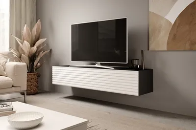 Produktbild von TV Schrank RTV 8 mit Lamellen Medienmöbel Lowboard (Schwarz + Weisse Lamellen)