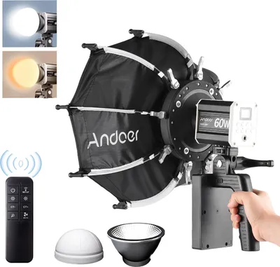 Obrázek produktu pro Andoer 60 W přenosné LED video světlo, COB fotografické světlo, 2800 K šC 6800 K, stmívatelné, 9 FX efektů s mini osmiúhelníkovým softboxovým reflektorem, rukojeť, dálkové ovládání pro živé vysílání, domácí studio, produktovou portrétní fotografii