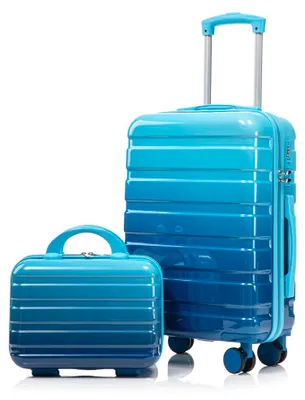Produktbild von 2-teiliges Reisekoffer-Set 14" + 20" als Handgepäck – Hartschalen-Trolley mit Zahlenschloss & praktischer Kosmetiktasche, Blau