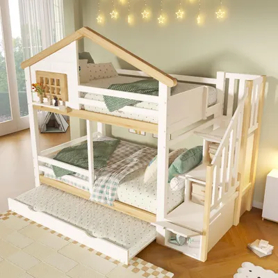 Produktbild von okwish Etagenbett 90x200 mit Stauraum,Kinderbett Bettgestell mit Ausziehbares,Holzbett Jugendbett mit Stauraumleiter und Hausleiste,Weiß + Natur,hne Matratze