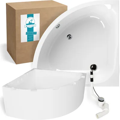 Produktbild von Calmwaters® Eckbadewanne Komplettset 120x120 cm mit Wannenträger & Ablaufgarnitur, Acrylwanne Modern Small 2, Duo-Badewanne für 2, Set Badewanne komplett, Eckwanne 120 x 120 cm, Weiß, 99000046