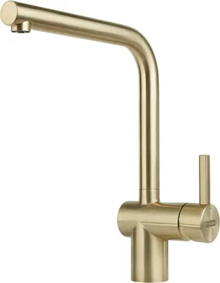 A close-up studio shot of a gold-colored kitchen faucet against a white background.