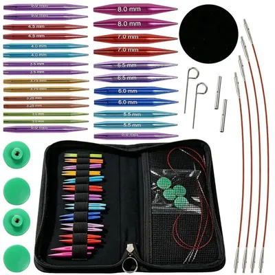 Obrázok produktu pre Sada výmenných kruhových pletacích ihiel: 12 párov ihiel (veľkosti 3-8 mm), 4 káble (dĺžka 15-55 cm), príslušenstvo a puzdro