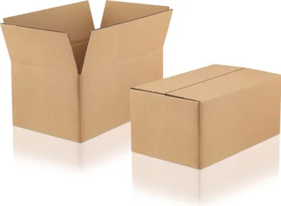 Two cardboard boxes are shown against a white background. One box is open, and the other is closed.
