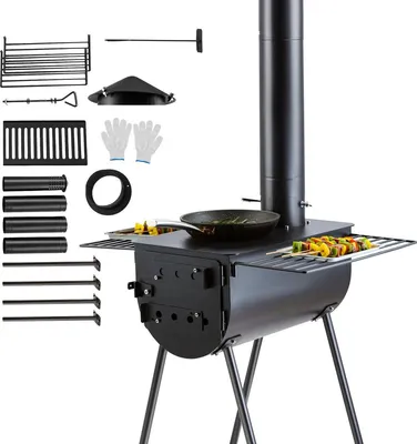 Image de Poêle à bois portable - Four de camping pour tente, barbecue d'extérieur avec conduits - 59 x 79 x 262 cm