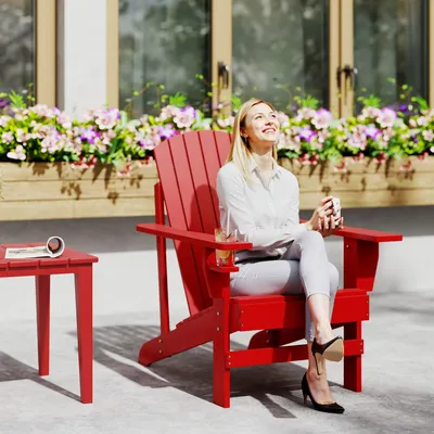 Produktbild von Adirondack Gartenstuhl Tannenholz massiv, Holzsessel mit Becherhalter, Outdoor-Stuhl Terrasse, Rot | 72x94x93 cm | 7,5 kg | 7-Latten-Rückenlehne
