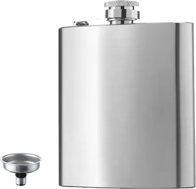 Produktbild von Flachmann aus Edelstahl, matt, auslaufsicher, 170 ml, mit Trichter, verliersicherer Verschluss, tragbare Weinflasche mit breiter Öffnung für Outdoor-Aktivitäten