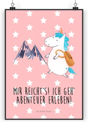 Produktbild von Mr. & Mrs. Panda Bild Einhorn Bergsteiger DIN A4 - Rot Pastell - Geschenk, Reisen, Urlaub, Einhörner, Unicorn, Kunstdruck, drucke, Berge, wanddeko, Wandbild, Wandschmuck