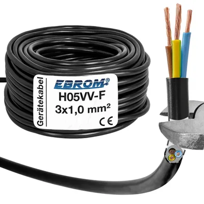 Produktbild von 15 Meter - EBROM - H05VV-F 3x1,0 mm² PVC Schlauchleitung, schwarz - Gerätekabel, LED Kabel, flexible Leitung, 3G1 mm2 Kunststoffschlauchleitung, Kabel für Haushaltsgeräte, Stromleitung, Stromkabel