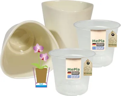 Produktbild von MePla - 2 Stück - Orchideenübertopf Dreieck ø 14 Creme + Pflanztopf Orchidee ø 12