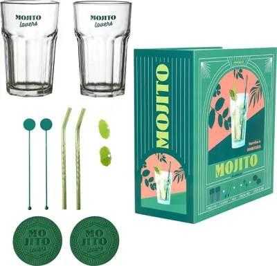 Obrázek produktu pro HowHomely | Koktejlová sada 10 dílů – deštníčky, sklenice, brčka, míchátka – skvělý dárek – MOHITO