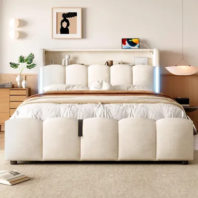 Produktbild von Flieks Hydraulisches Polsterbett 140x200cm mit Stauraum, Jugendbett Doppelbett mit Led und Ladefunktion, Stauraumbett Samt, Beige