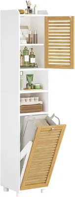 Produktbild von Badezimmerschrank hoch mit Wäschekorb, Badschrank hochschrank mit verstellbaren Ablagen, offene Fächer, Badezimmer hochschrank für Badezimmer/Waschküche, Modern, Weiß, 30 x 30 x 170 cm