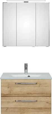 Produktbild von Waschplatz Badezimmer mit Glaswaschbecken TRENTO-66 in Riviera Eiche Nb., B/H/T: ca. 77/200/50 cm