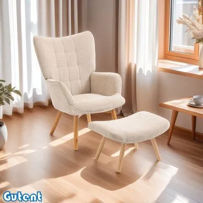 Zdjęcie produktu dla Beżowy fotel z drewnianymi nogami o wyglądzie sztruksu