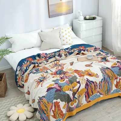 Obrázek produktu pro Dekorativní přehoz na postel – 100% bavlna – květinový vzor – 152 x 203 cm