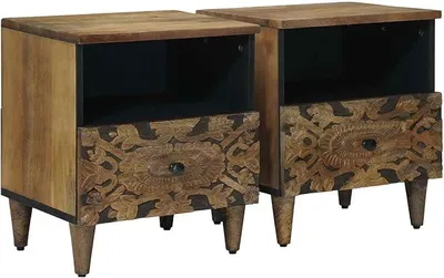 Imagen del producto de Mesita de noche de madera maciza de mango, color marrón, con dos cajones. Juego de 2 unidades. Mesita de noche para el dormitorio, ideal para un estilo elegante. Dimensiones: 40 x 33 x 46 cm