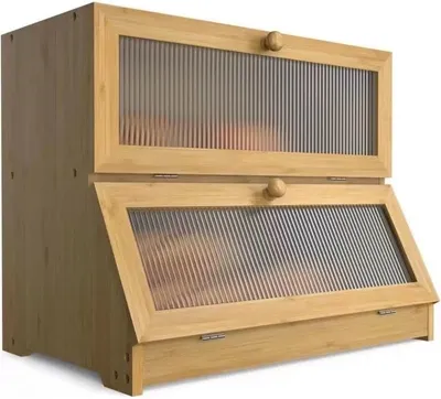 Produktbild von 2 Etagen Brotkasten Bambus, Groß Brotkästen aus Holz, Brotbox zur Brotaufbewahrung mit Tür,Brotwächter für Röstbrot und Gebäck 40x33x25cm Holzfarbe