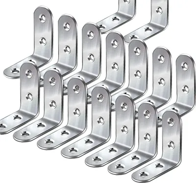 A collection of L-shaped metal brackets arranged in rows on a white background.