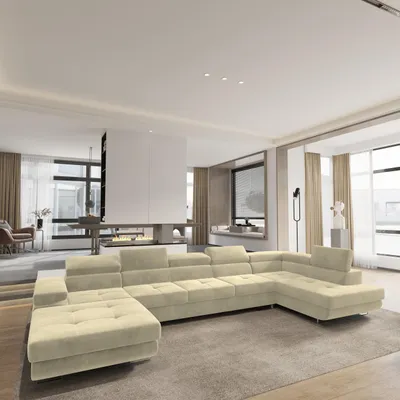 Produktbild von Masseno Ecksofa TORIVA R-S mit Schlaffunktion U-Form, Sofa mit Bettkasten, Wohnzimmersofa, Couch, Soffa, Bettsofa, Couchgarnitur- Creme, MONOLITH 04