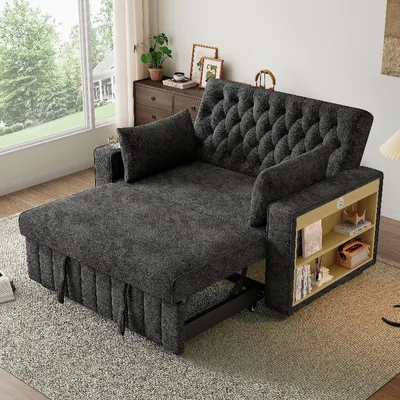 Zdjęcie produktu dla Sofa rozkładane dwuosobowe, szare, z funkcją spania, obite tkaniną typu chenille, z portem USB i uchwytem na napoje, wymiary: 140x137x84 cm