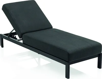 A dark gray chaise lounge with a black metal frame is shown against a white background.