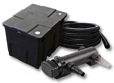 Zdjęcie produktu dla Kompletny zestaw SunSun: filtr do oczka wodnego CBF-350 o pojemności do 12000 l jako filtr przepływowy, osadnik do oczka wodnego CUV-318, osadnik UVC o mocy 18 W, wąż do oczka wodnego 25 mm (1") o długości 5 m