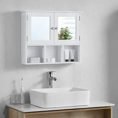 Produktbild von Badzimmerschrank weiß 60x50x14 cm, 2 Türen und Schubladen, MDF, Wandmontage, für Bad