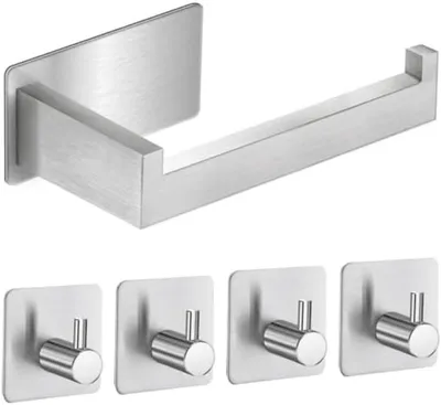 Productafbeelding van PromoHome® Zelfklevende set van 5 toiletrolhouders met handdoekhaken, zilverkleurig, roestvrij staal, zonder boren