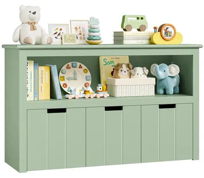 Produktbild von Kinder Spielzeugaufbewahrung - Regal und Bücherregal - 3 Schubladen - Mit Rollen - Holz - 102x33x61,5 cm - Grün
