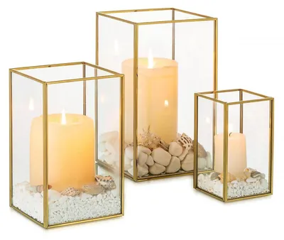Produktbild von Glas Windlicht Kerzenständer Gold Metall 3er Set 20,5/16,6/12 cm