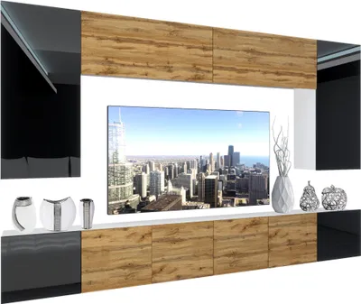 Produktbild von BELINI Wohnwand Vollausstattung Wohnzimmer-Set Moderne Schrankwand mit LED-Beleuchtung Weiß Glänzend Anbauwand TV-Schrank Schwarz / Wotan Eiche Glänzend/Matt