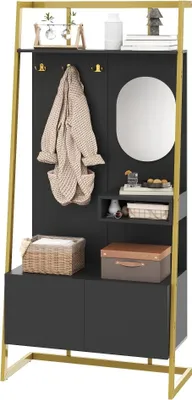 Produktbild von AIORBER Moderne Kompaktgarderobe mit Spiegel, Metallhaken & Schuhbank, offenes Design mit Stauraum, Schwarz
