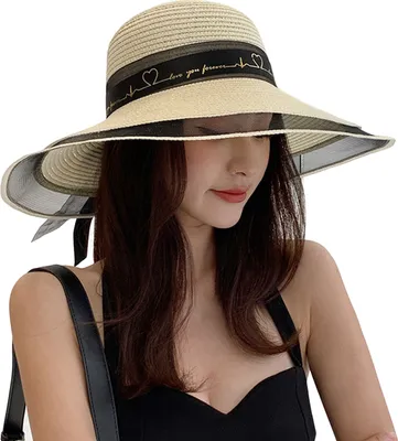 Produktbild von Damen Strohhut Durchsichtig Schleife Dekor Mesh Patchwork Bandage Große Krempe UV-Schutz Sonnenschutz Elegant Sommerurlaub Damen Sommerhut Kopfbedeckung Milchig Weiß