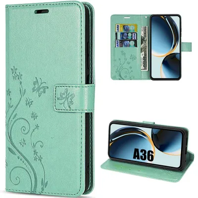 Image de Coque pour Samsung Galaxy A36 5G, Protection Rabat Flip Case Cuir Synthétique Antichoc Vert Motif Papillon