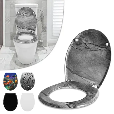 Zdjęcie produktu dla ISOISL Pokrywa toaletowa, deska sedesowa do WC z automatycznym opuszczaniem, wykonana z antybakteryjnego tworzywa Duroplast, w zestawie z kompletem montażowym, wysoka nośność, uniwersalny, owalny kształt, wzór marmuru, design imitujący marmur