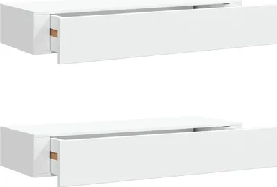 Two white wall-mounted shelves with open drawers are shown against a white background.